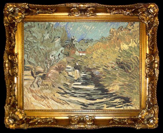 framed  Vincent Van Gogh A Road at Sain-Remy with Female Figure (nn04), ta009-2